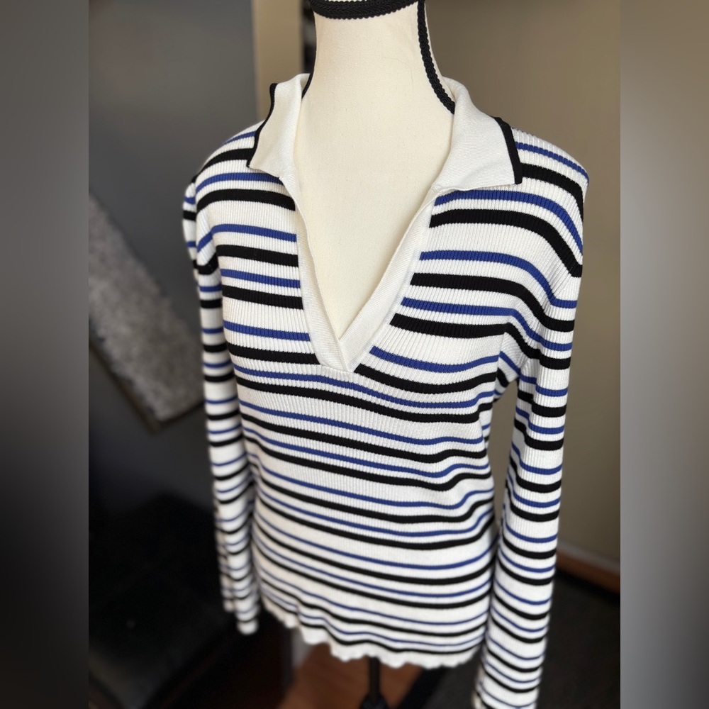 Reitmans Black, White, and Blue Striped Knit Top